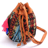 Women Bohemia Canvas Bucket Bags Drawstring Crossbody Shoulder